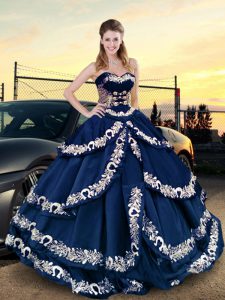 Sweetheart Half Sleeves Sweet 16 Quinceanera Dress Asymmetrical Embroidery Navy Blue Satin