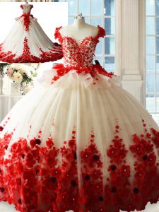 Designer Zipper Sweet 16 Quinceanera Dress White And Red for Sweet 16 and Quinceanera with Hand Made Flower Brush Train
