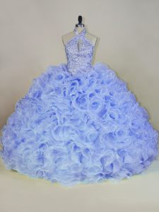 Beauteous Halter Top Sleeveless Fabric With Rolling Flowers Vestidos de Quinceanera Beading Brush Train Lace Up
