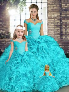 Fancy Off The Shoulder Sleeveless Quince Ball Gowns Floor Length Beading and Ruffles Aqua Blue Organza