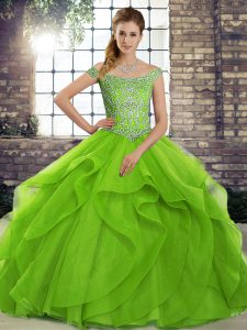Beauteous Beading and Ruffles Ball Gown Prom Dress Green Lace Up Sleeveless Brush Train