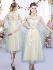 Champagne Damas Dress Wedding Party with Lace and Belt Scoop Sleeveless Lace Up
