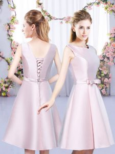Simple A-line Court Dresses for Sweet 16 Baby Pink Scoop Satin Sleeveless Mini Length Lace Up