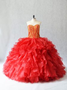 Hot Selling Red Sleeveless Beading and Ruffles Floor Length 15 Quinceanera Dress