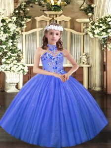 Blue Ball Gowns Halter Top Sleeveless Tulle Floor Length Lace Up Appliques Pageant Dress for Teens