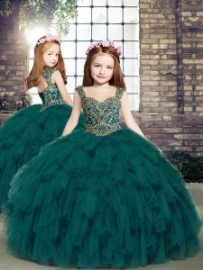 Straps Sleeveless Tulle Kids Pageant Dress Beading and Ruffles Lace Up