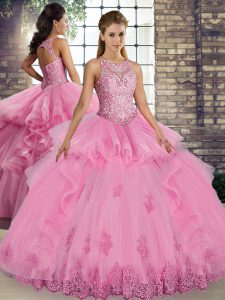 Rose Pink Ball Gowns Tulle Scoop Sleeveless Lace and Embroidery and Ruffles Floor Length Lace Up Ball Gown Prom Dress