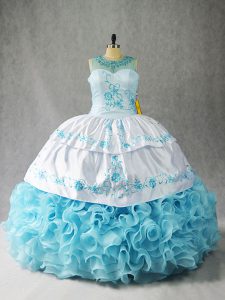 Elegant Baby Blue Ball Gowns Fabric With Rolling Flowers Scoop Sleeveless Beading and Embroidery and Ruffles Floor Length Lace Up Quinceanera Gown