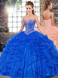 Sweetheart Sleeveless Quinceanera Dress Floor Length Beading and Ruffles Royal Blue Tulle