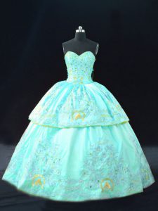 Edgy Ball Gowns Quince Ball Gowns Aqua Blue Sweetheart Satin Sleeveless Floor Length Lace Up