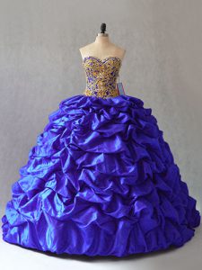 Suitable Royal Blue Ball Gowns Sweetheart Sleeveless Taffeta Brush Train Lace Up Beading and Pick Ups Sweet 16 Quinceanera Dress