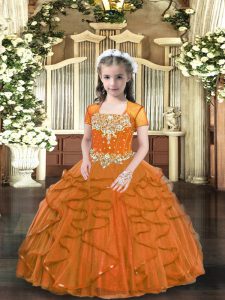 Perfect Brown Tulle Lace Up Little Girls Pageant Gowns Sleeveless Floor Length Beading and Ruffles