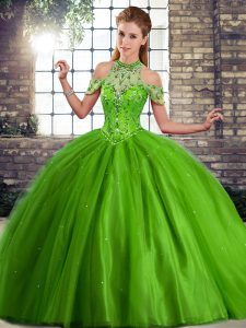Exquisite Brush Train Ball Gowns Ball Gown Prom Dress Green Halter Top Tulle Sleeveless Lace Up