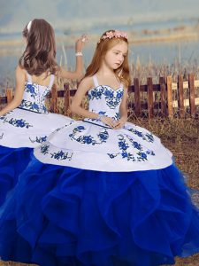 Royal Blue Straps Neckline Embroidery and Ruffles Little Girls Pageant Dress Wholesale Sleeveless Backless
