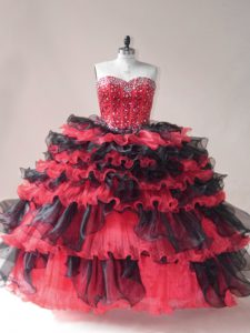Red And Black Quinceanera Dresses Sweet 16 and Quinceanera with Beading and Ruffled Layers Sweetheart Sleeveless Lace Up