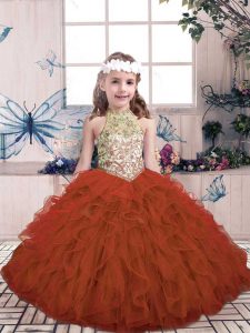 Rust Red Ball Gowns Beading and Ruffles High School Pageant Dress Lace Up Tulle Sleeveless Floor Length
