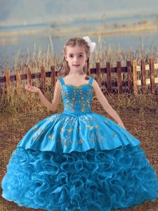 Fabric With Rolling Flowers Straps Sleeveless Sweep Train Lace Up Embroidery Kids Formal Wear in Baby Blue