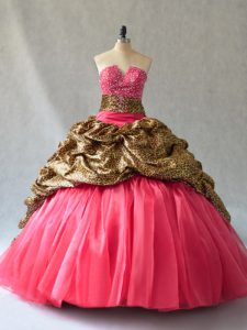 Coral Red Sleeveless Beading and Pick Ups Floor Length Ball Gown Prom Dress