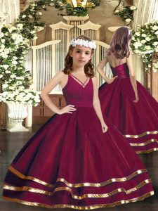 Latest Floor Length Burgundy Pageant Gowns Tulle Sleeveless Ruffled Layers