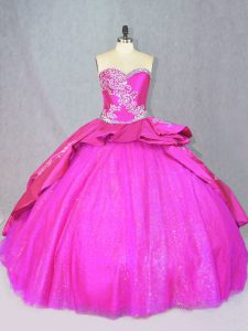 Wonderful Hot Pink Lace Up Sweet 16 Dresses Beading and Embroidery Sleeveless Court Train