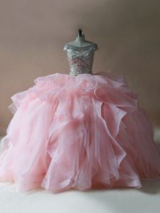 Simple Off The Shoulder Sleeveless Tulle 15 Quinceanera Dress Beading and Ruffles Brush Train Lace Up