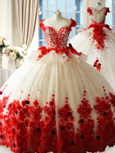 New Style Scoop Sleeveless Quinceanera Dresses Brush Train Hand Made Flower Red Tulle
