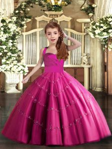 Tulle Straps Sleeveless Lace Up Beading Pageant Dress Toddler in Fuchsia