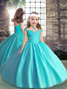 Top Selling Sleeveless Floor Length Beading and Ruching Lace Up Pageant Gowns For Girls with Baby Blue