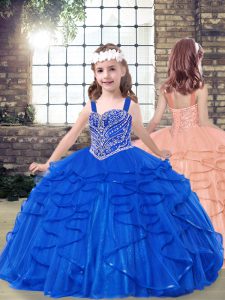 Perfect Floor Length Lace Up Child Pageant Dress Royal Blue for Party and Military Ball and Wedding Party with Beading and Ruffles