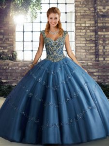 Blue Sweet 16 Dress Military Ball and Sweet 16 and Quinceanera with Beading and Appliques Straps Sleeveless Lace Up