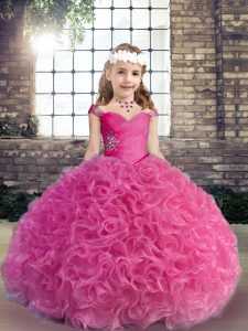 Custom Designed Fuchsia Fabric With Rolling Flowers Lace Up Straps Sleeveless Floor Length Pageant Dress Wholesale Beading and Ruching