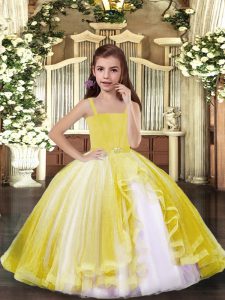 Floor Length Lace Up Pageant Gowns For Girls Yellow for Party and Sweet 16 and Wedding Party with Beading
