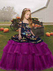 Embroidery Little Girls Pageant Gowns Fuchsia Lace Up Long Sleeves Floor Length