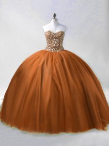 Sleeveless Floor Length Beading Lace Up Ball Gown Prom Dress with Brown