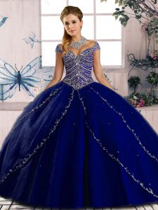 Custom Fit Royal Blue Sweet 16 Dress Sweet 16 and Quinceanera with Beading Sweetheart Cap Sleeves Brush Train Lace Up