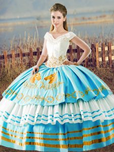 Eye-catching Blue And White Sleeveless Organza Lace Up 15th Birthday Dress for Sweet 16 and Quinceanera
