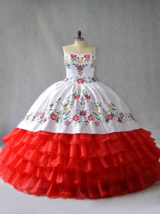 White And Red Ball Gowns Embroidery and Ruffled Layers Sweet 16 Dresses Lace Up Organza Sleeveless Floor Length
