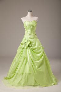 Chic Sweetheart Sleeveless Quince Ball Gowns Floor Length Beading and Hand Made Flower Yellow Green Organza