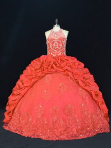 Halter Top Sleeveless Lace Up Quince Ball Gowns Red Taffeta