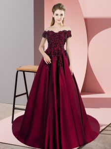 Lovely Satin Off The Shoulder Sleeveless Court Train Zipper Appliques Sweet 16 Dress in Wine Red