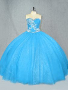 Sleeveless Tulle Floor Length Lace Up Quinceanera Gown in Blue with Beading