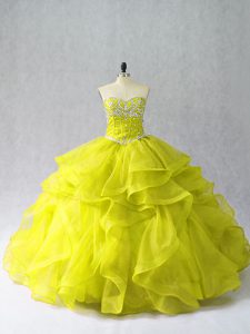 Spectacular Yellow Green Organza Lace Up Sweetheart Sleeveless Floor Length Quince Ball Gowns Beading and Ruffles