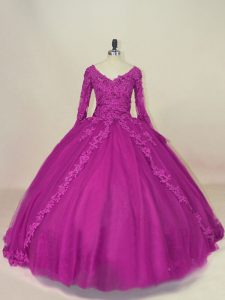 Fantastic Lace and Appliques 15th Birthday Dress Fuchsia Lace Up Long Sleeves Floor Length