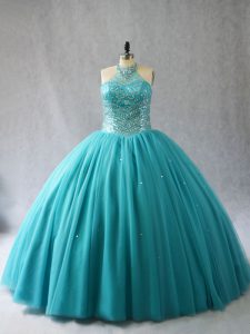 Fancy Aqua Blue Ball Gowns Tulle Halter Top Sleeveless Beading Lace Up Quince Ball Gowns Brush Train