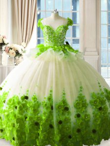Cheap Ball Gowns Tulle Scoop Sleeveless Hand Made Flower Floor Length Zipper Quince Ball Gowns