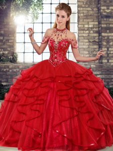 Dazzling Ball Gowns Vestidos de Quinceanera Red Halter Top Tulle Sleeveless Floor Length Lace Up