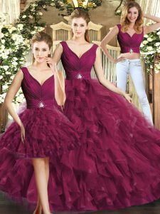 Burgundy Sleeveless Tulle Backless Quinceanera Gowns for Military Ball and Sweet 16 and Quinceanera