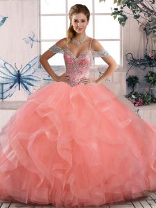 Captivating Ball Gowns 15th Birthday Dress Peach Off The Shoulder Tulle Sleeveless Floor Length Lace Up