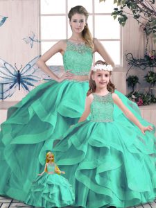 Sumptuous Turquoise Sweet 16 Quinceanera Dress Sweet 16 and Quinceanera with Beading and Lace and Ruffles Scoop Sleeveless Lace Up