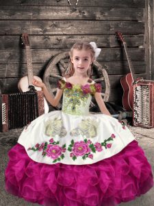 New Style Off The Shoulder Sleeveless Pageant Dress Toddler Floor Length Beading and Embroidery and Ruffles Fuchsia Organza
